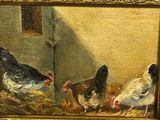 a painting of three chickens in a room with a window