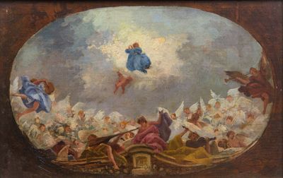 an image of a painting of angels in the sky above a crowd of people