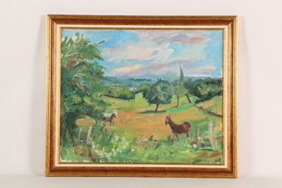 a painting of a horse and a horse in a field