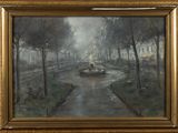 an oil painting of a park scene with a fountain in the foreground