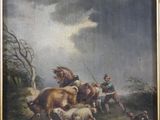 an image of a painting of a man on a horse with a herd of sheep