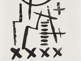a black and white drawing of a man with a cross on it