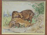 painting of a lion and two puppies playing in the grass