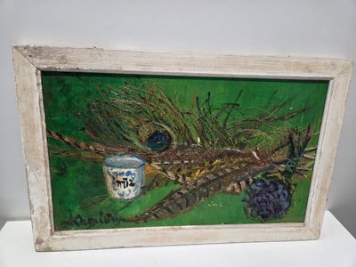 La plume de paon technique mixte sur toile