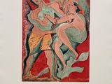 une image représentant un tableau où figurent deux femmes et un homme sur fond rouge