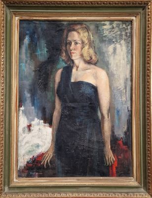 tableau représentant une femme en robe noire debout devant un miroir