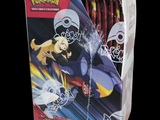 a box of pokemon trading cards with a picture of a woman riding a motorcycle