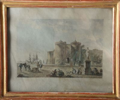 tableau représentant la vue d'un château, avec une calèche au premier plan et une calèche au premier plan