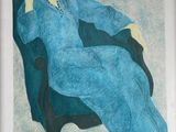 painting of a woman in a blue dress sitting in a blue chair