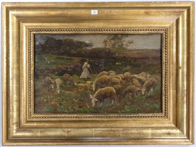 tableau représentant une femme avec un troupeau de moutons dans un champ