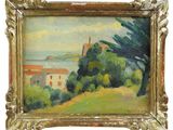 an oil painting of a landscape with trees and buildings