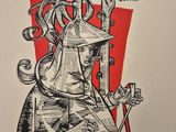 drawing of a woman with a hat and a cane in her hand