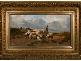 une image représentant un tableau où l'on voit un homme gardant un troupeau de moutons dans un paysage montagneux