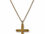 a gold cross necklace with a chain on a white background