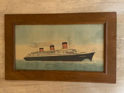 an old picture of a large ship is hanging on a wall
