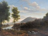 a painting of a landscape with a river in the foreground