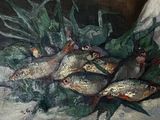 un tableau représentant un tas de poissons posés sur une table