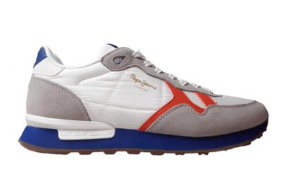 men ' s white and blue sneakers with red accents on the sole