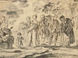 an old drawing of a group of people standing in front of a fire