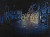 painting of a city street at night with buildings lit up by street lights