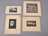 quatre dessins en noir et blanc représentant une femme, un homme et un chien
