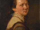 un tableau représentant une femme vêtue d'une robe marron et blanche