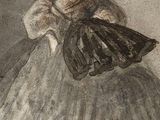 drawing of a woman in a white dress with a fan