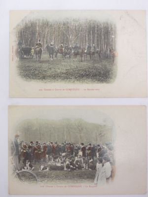 deux vieilles cartes postales représentant un groupe de personnes et des chevaux dans une forêt