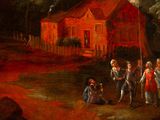 a painting of a group of people standing in front of a house