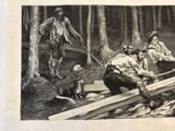 a black and white drawing of a group of people in the woods