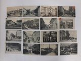 several old black and white photographs of people and buildings in a town