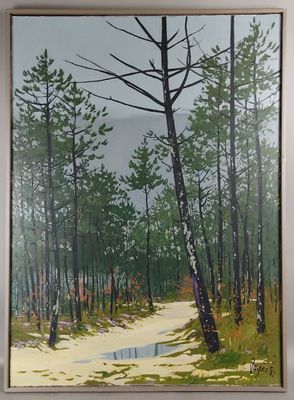 tableau représentant un sentier traversant une forêt, avec une flaque d'eau