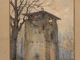 an image of a painting of a building with a tree in front of it