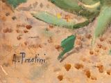 an oil painting of a green crab on a sandy beach