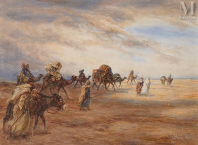 tableau représentant un groupe de personnes chevauchant des chameaux dans le désert