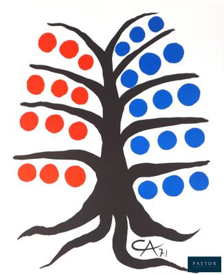 une image représentant un arbre parsemé de points bleus et rouges