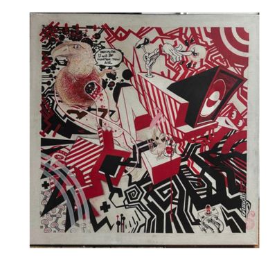 un tableau rouge et noir sur lequel est représenté un crâne