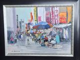 une peinture de personnes marchant dans la rue avec des parapluies