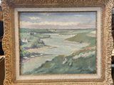 an oil painting of a view of a beach with a lighthouse in the distance