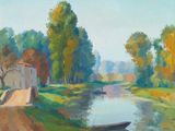 tableau représentant un bateau sur une rivière, avec un pont en arrière-plan