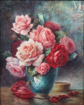 painting of roses in a vase on a table with a bowl of rose petals
