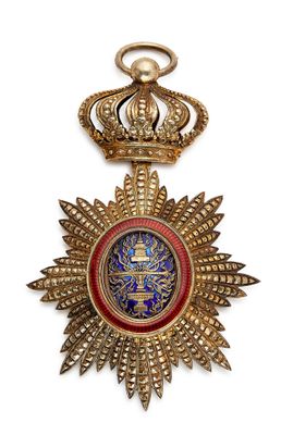 a close up of a medal with a crown on top of it