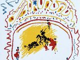 a drawing of a man riding a horse on top of a white sheet