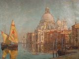 painting of a view of a canal with a boat and a church in the background