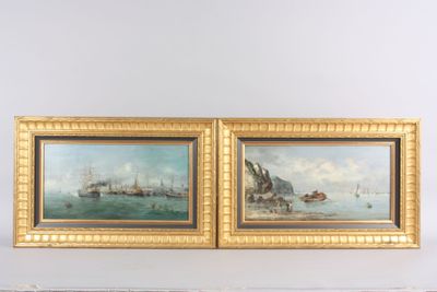pair of oil paintings of ships in the water by a fireplace