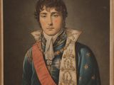 un tableau représentant un homme vêtu d'un manteau bleu et d'une écharpe rouge