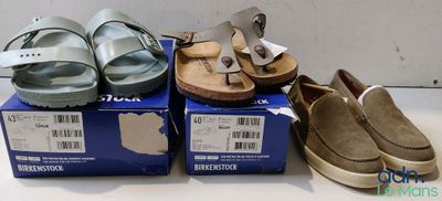 several pairs of sandals are sitting on top of boxes on a table