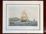 painting of a sailing ship in the ocean with other boats in the water