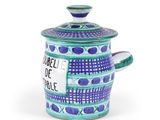 pot en céramique bleu et vert avec couvercle et anse