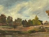 peinture représentant un tableau représentant un paysage avec des arbres et une rivière